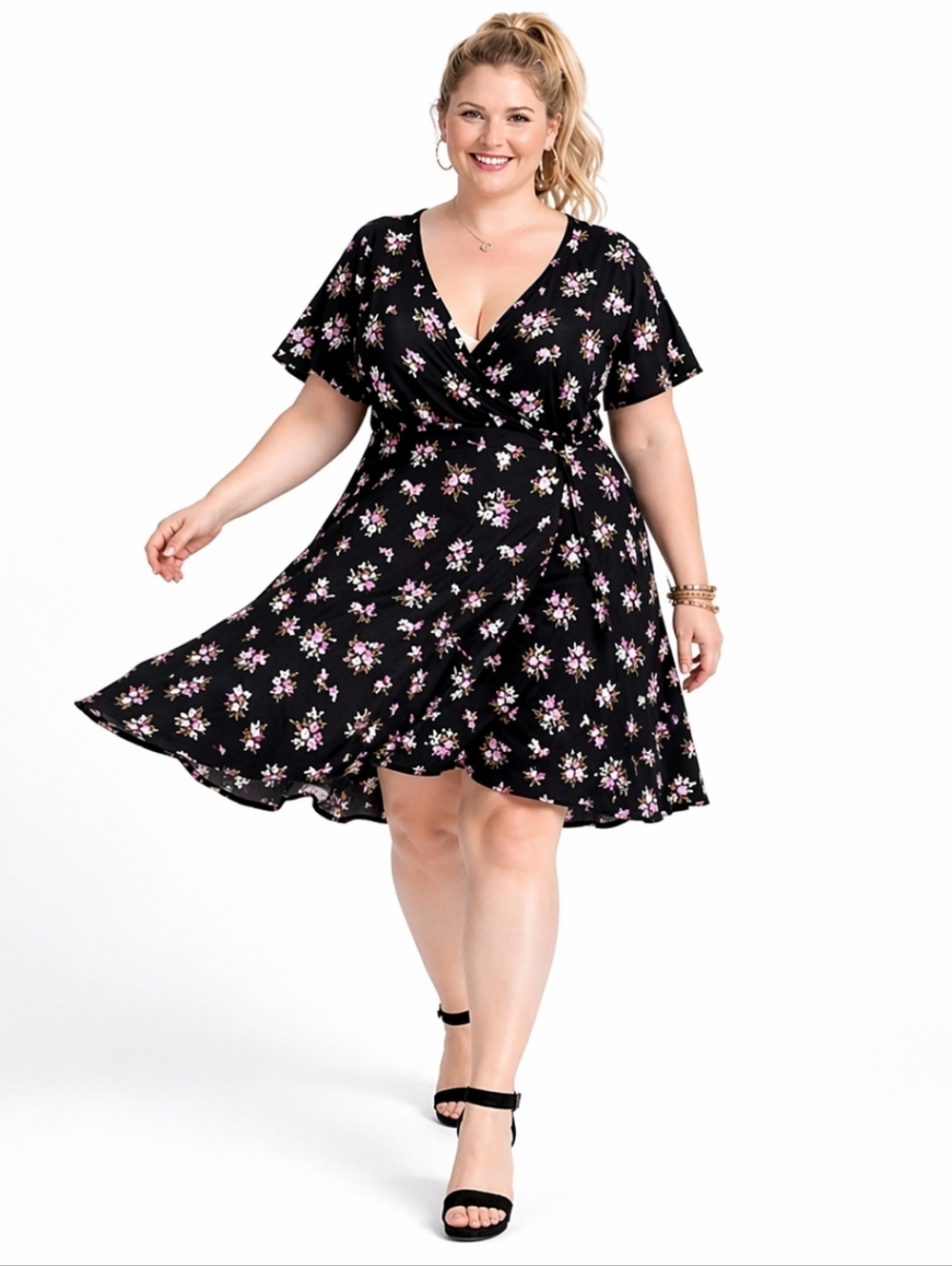 No Comment 2X Black Floral Faux Wrap Dress Fit & Flare Surplice V-Neck